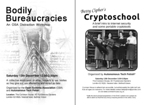 Two flyers - Boidly Bureaucracies and Betty Cipher's Cryptoschool
